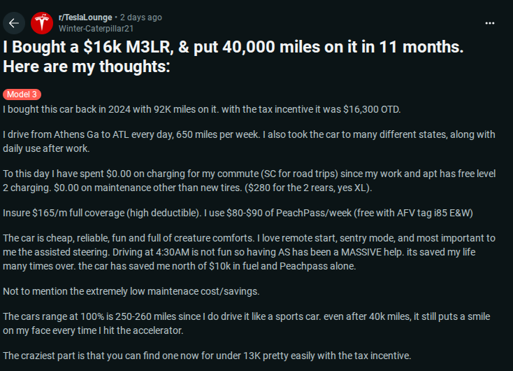 El usuario comparte su experiencia Tesla 3LR de $ 16,000, destacando los bajos costos de mantenimiento y la comodidad cómoda después de 40,000 millas.